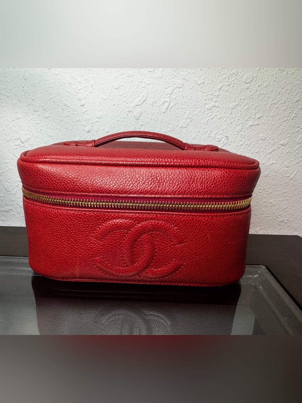 CHANEL Red Quilted Cosmetic Vanity Case with Top Handle